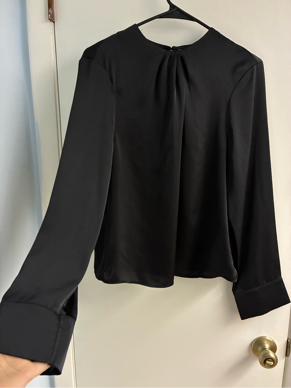 H&M Black Satin Long Sleeve Blouse with Pleated Back